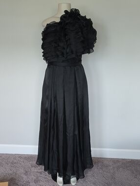 Ieena for Mac Duggal long black one shoulder dress with ruffles-10
